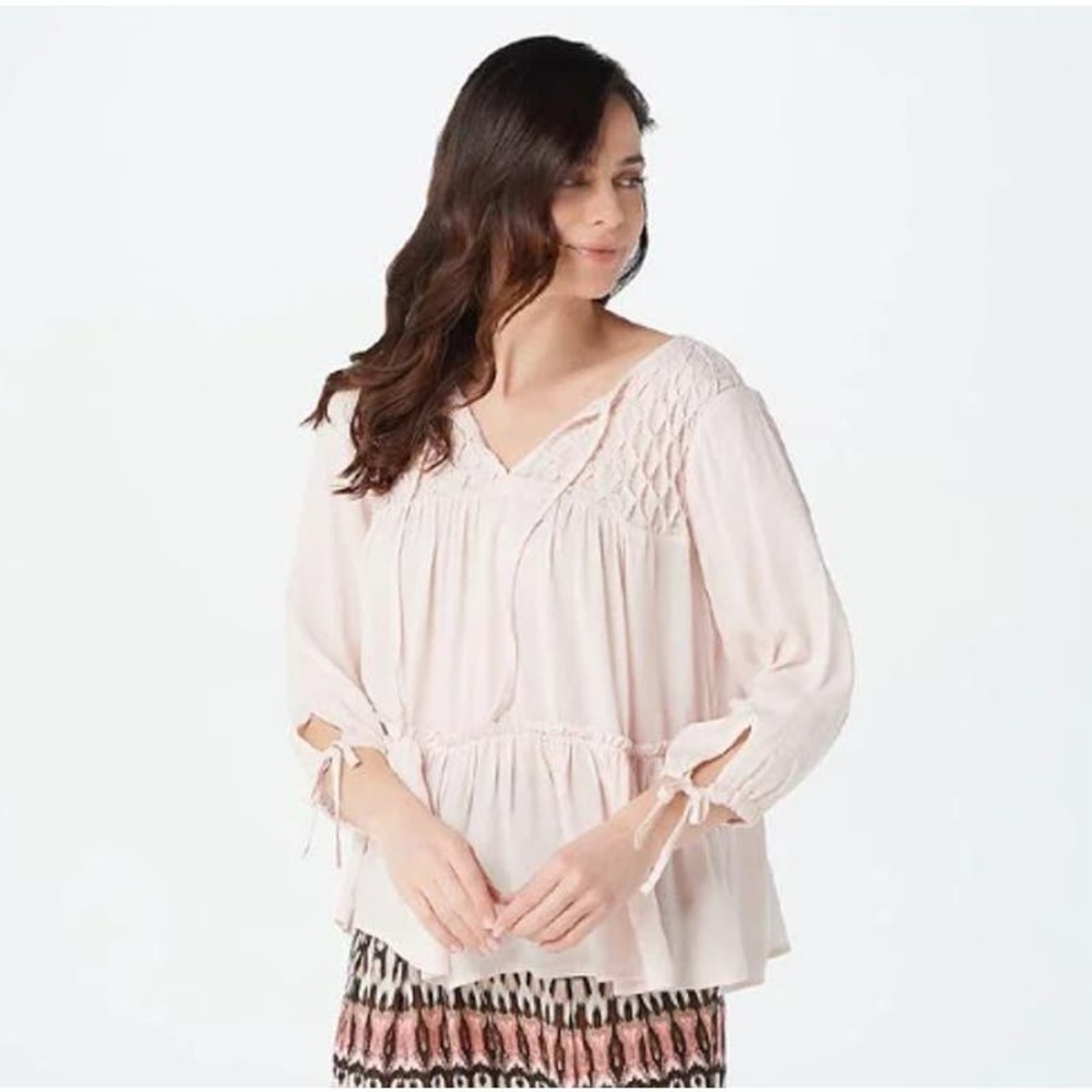 Haute Hippie Tribe Women's Grace Printed 3/4 Sleeve Sheer Blouse Sz M Pink NWOT